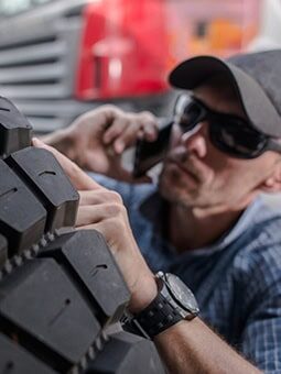 Trucker Choosing Truck Tires by Checking the Tread and Talking on phone